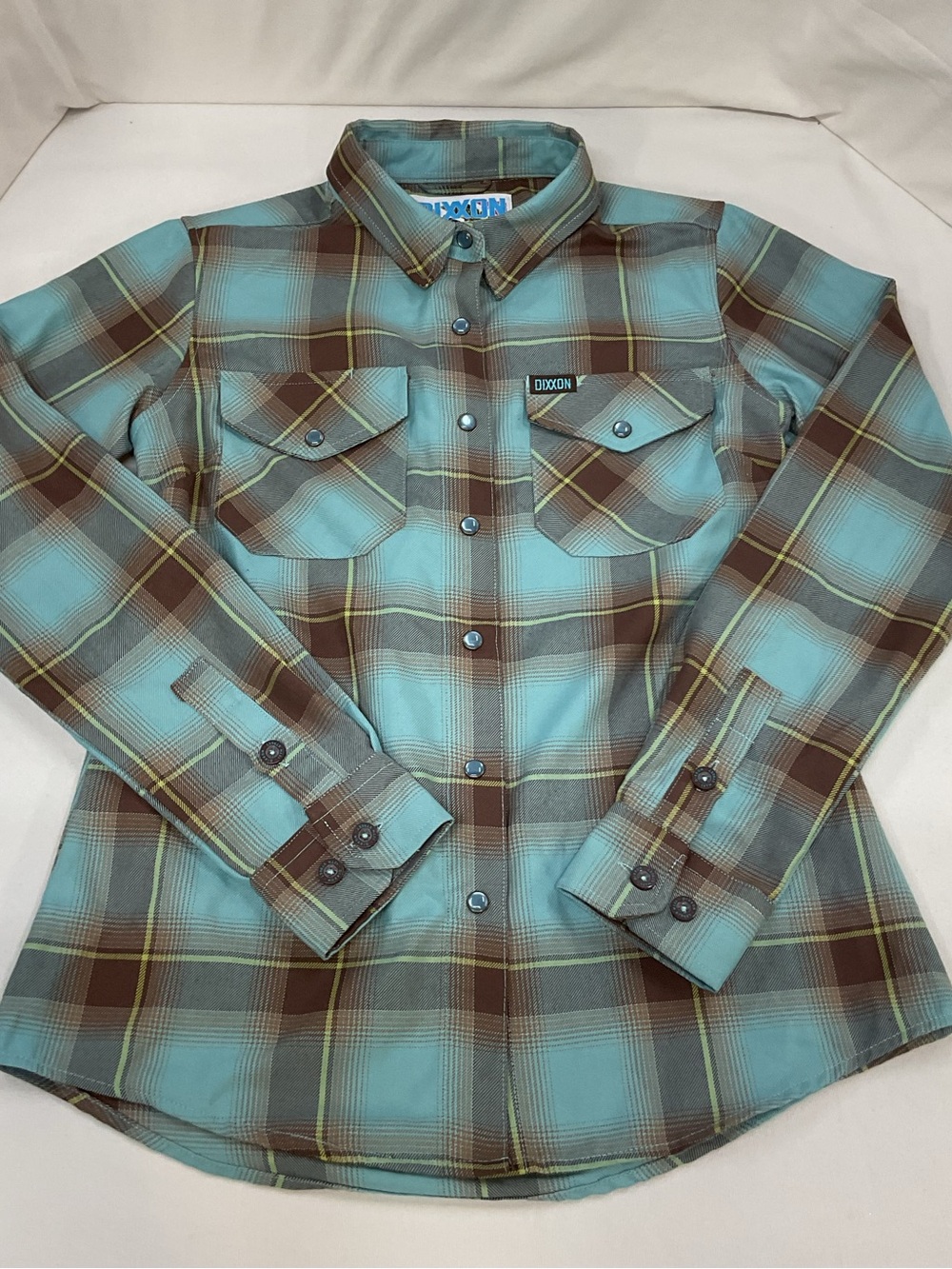 Dixxon‎ 13th Street Teal and Brown Plaid Button Up Collar Shirt Size Small